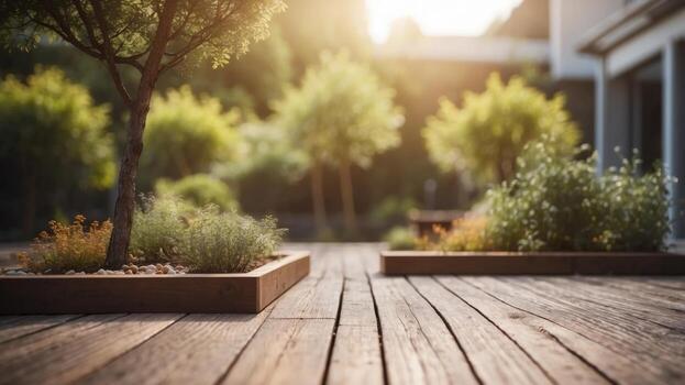 Minimalist patio with wooden deck